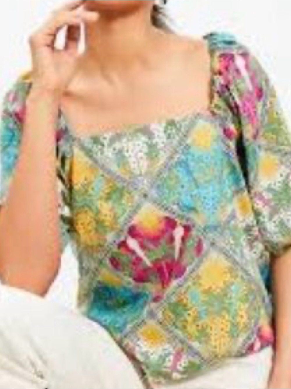 LOFT Multi Floral Patchwork Square-Neck Top
